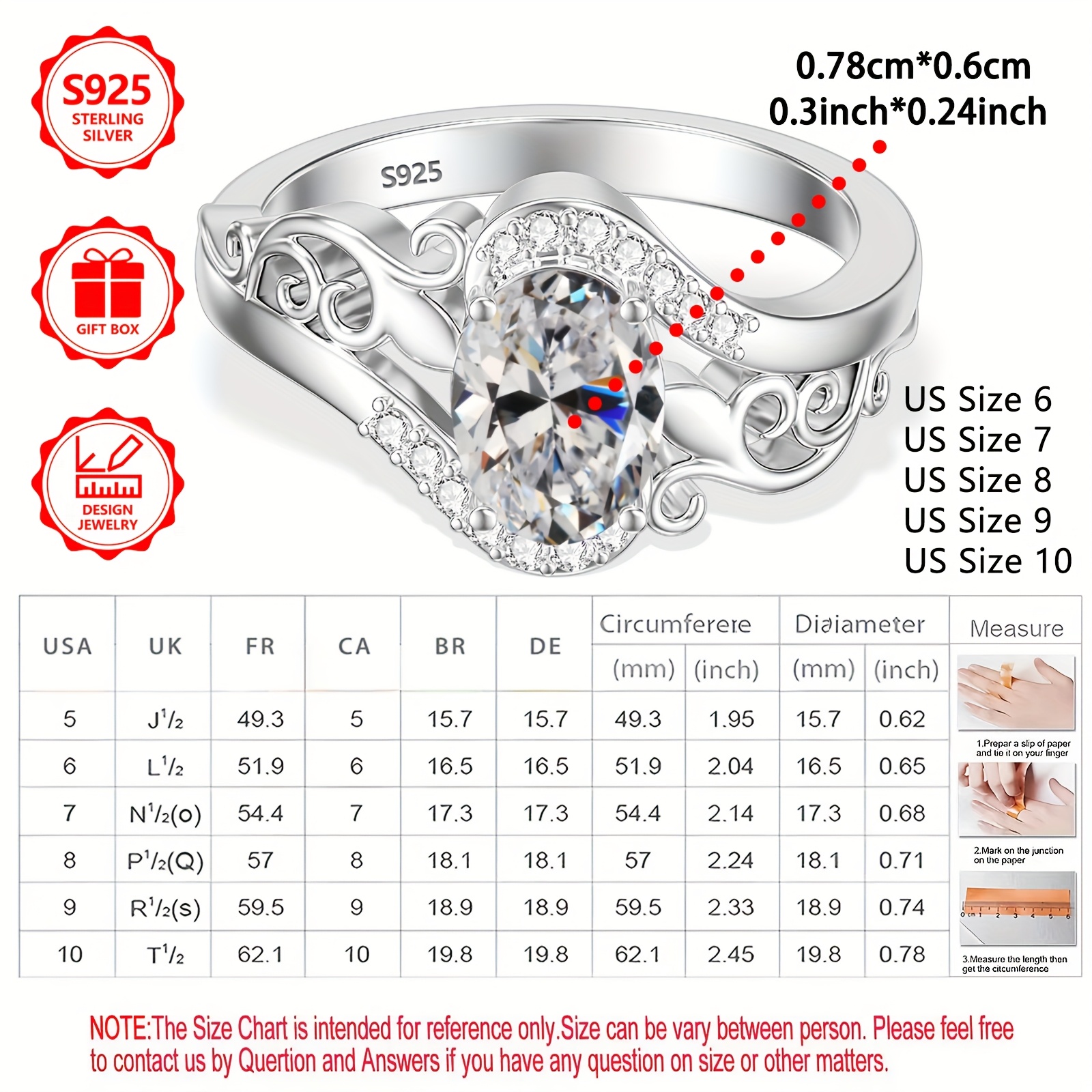 925 Silver Women's Anniversary Ring Bohemian Hollow Oval CZ Stone